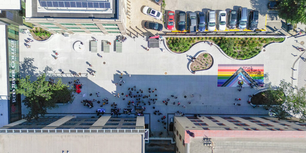 Aerial photo of the plaza at the Exchange District Campus